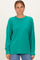 woman wearing a teal oversized ribbed long sleeve sweater with a round neckline and relaxed fit