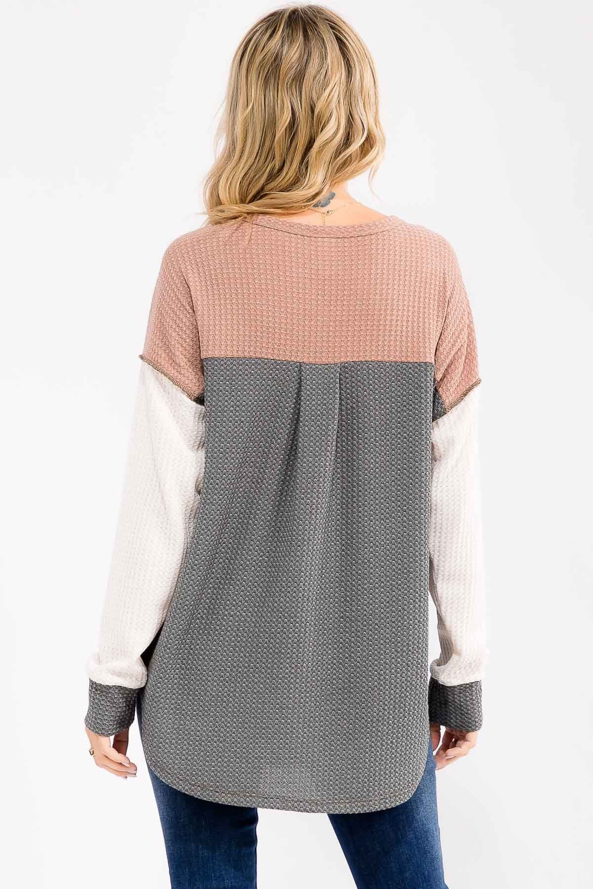 Olive Colorblock Relaxed Waffle Knit Henley