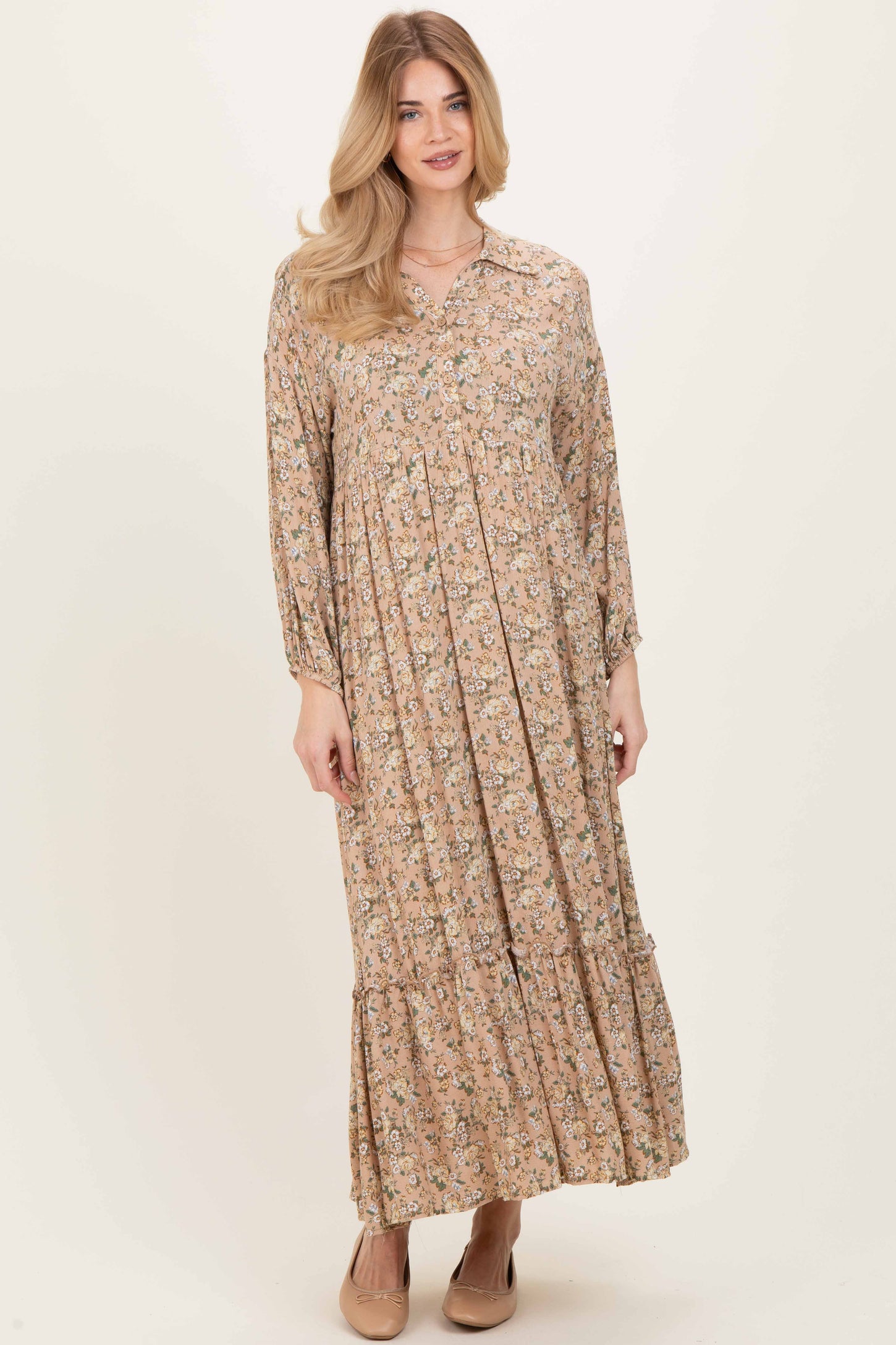 Mustard Floral Long Sleeve Button Down Collared Maternity Maxi Dress