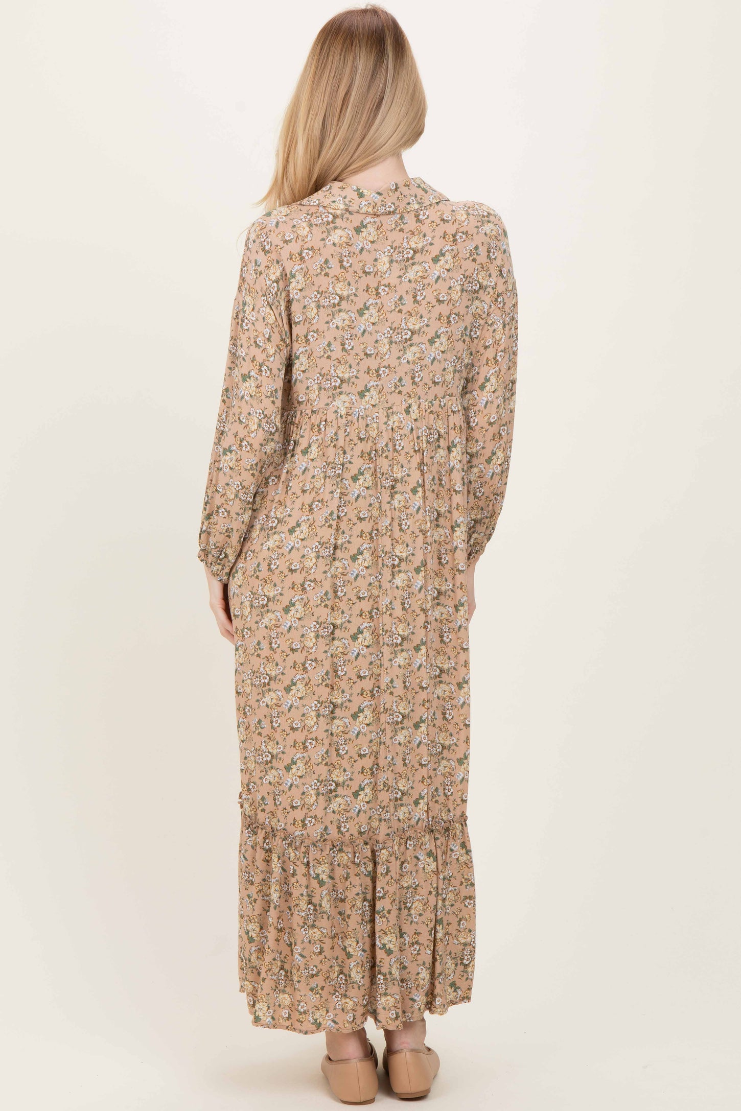 Mustard Floral Long Sleeve Button Down Collared Maxi Dress