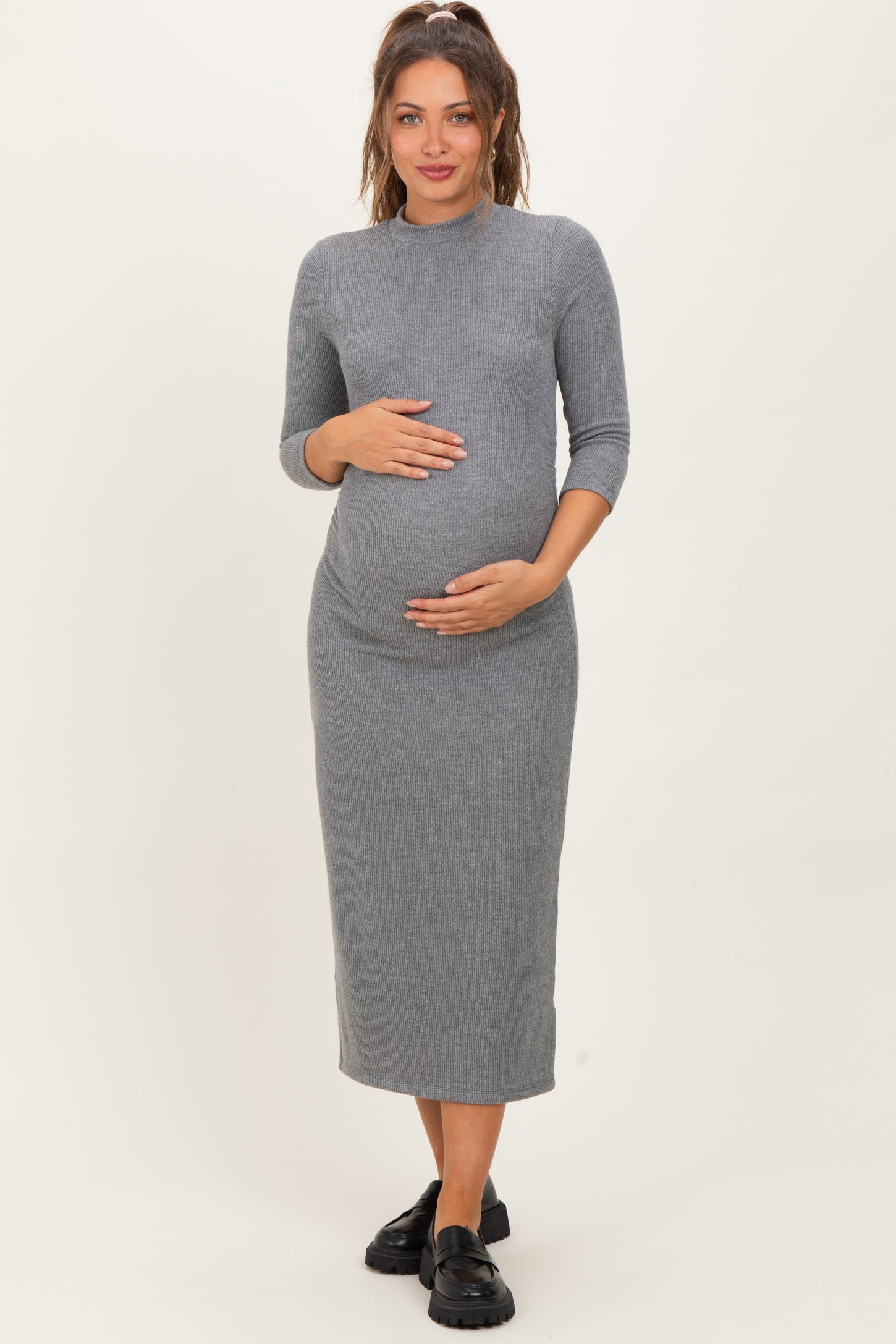 Charcoal Ribbed Knit Mock Neck Long Sleeve Ruched Maternity Dress