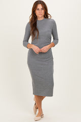 Charcoal Ribbed Knit Mock Neck Long Sleeve Ruched Dress