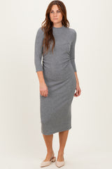 Charcoal Ribbed Knit Mock Neck Long Sleeve Ruched Dress