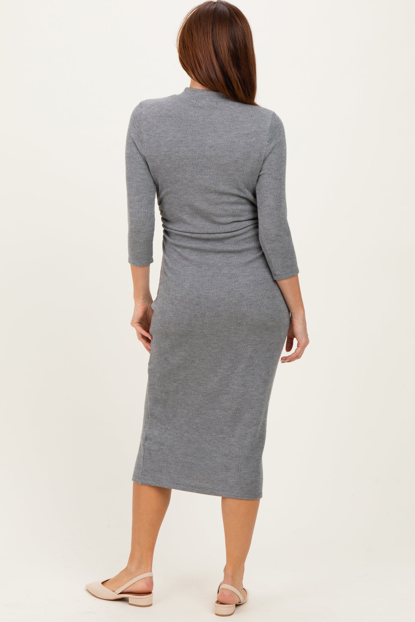 Charcoal Ribbed Knit Mock Neck Long Sleeve Ruched Dress