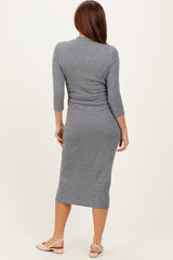 Charcoal Ribbed Knit Mock Neck Long Sleeve Ruched Dress