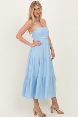 Light Blue Tiered Cutout Tie Back Midi Dress
