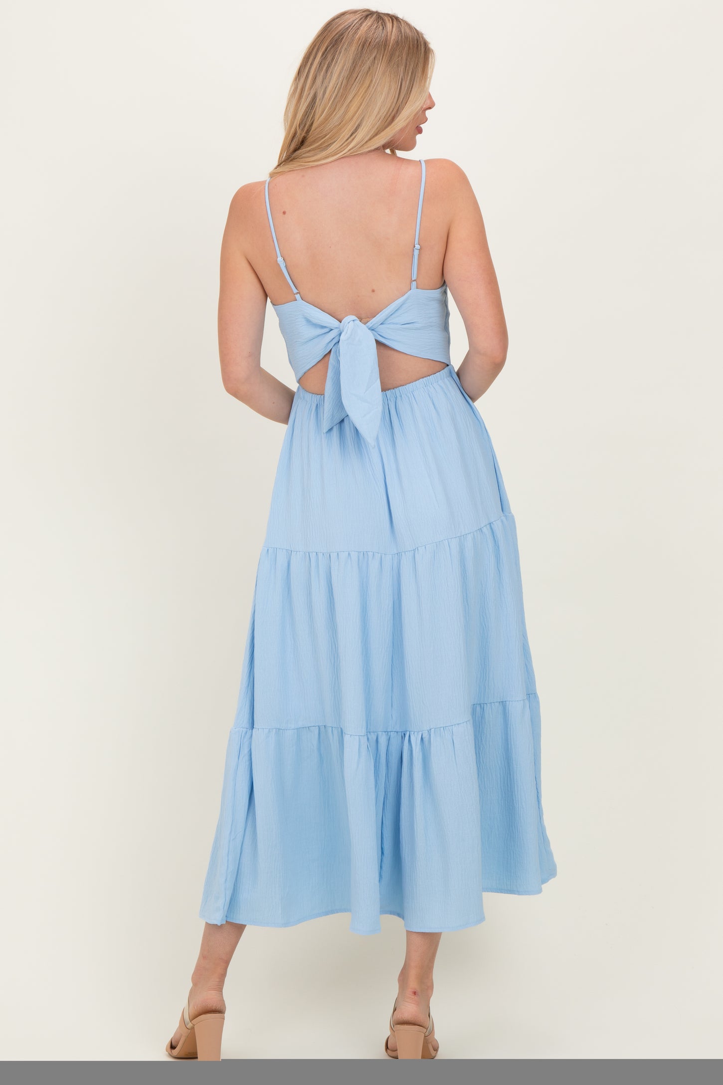 Light Blue Tiered Cutout Tie Back Midi Dress