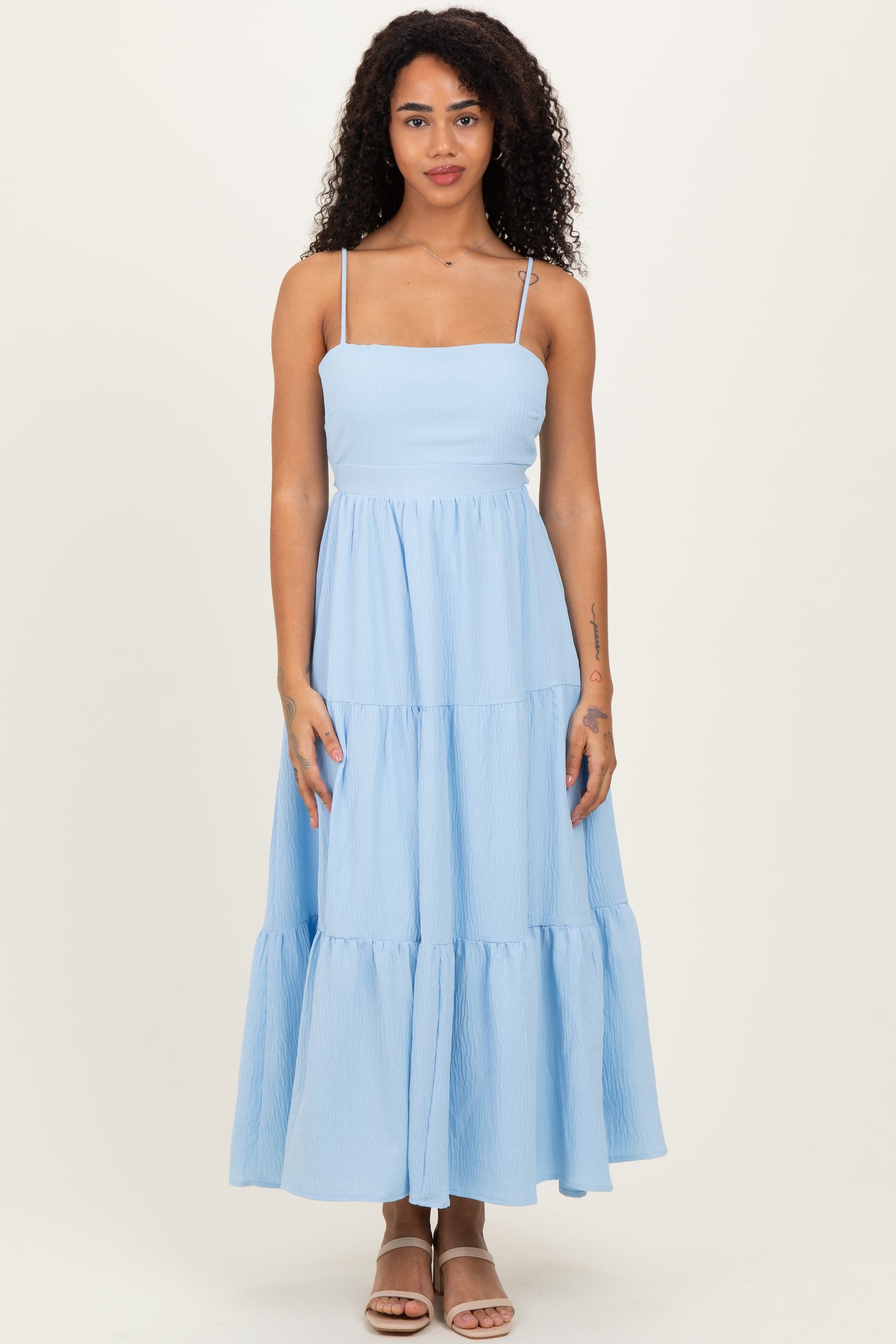 Light Blue Tiered Cutout Tie Back Midi Dress