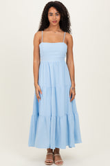 Light Blue Tiered Cutout Tie Back Midi Dress