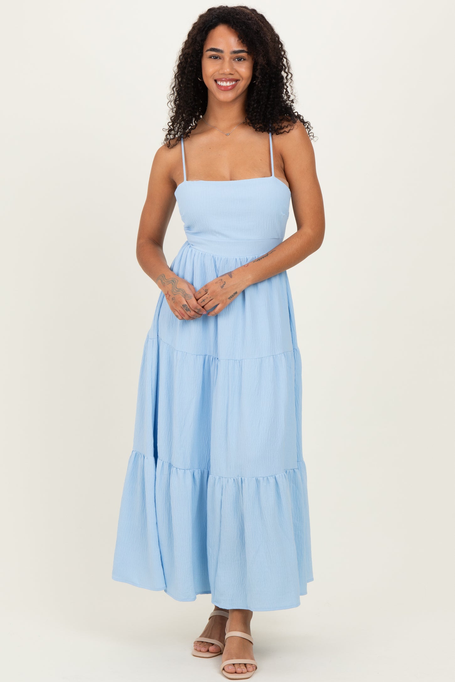 Light Blue Tiered Cutout Tie Back Midi Dress