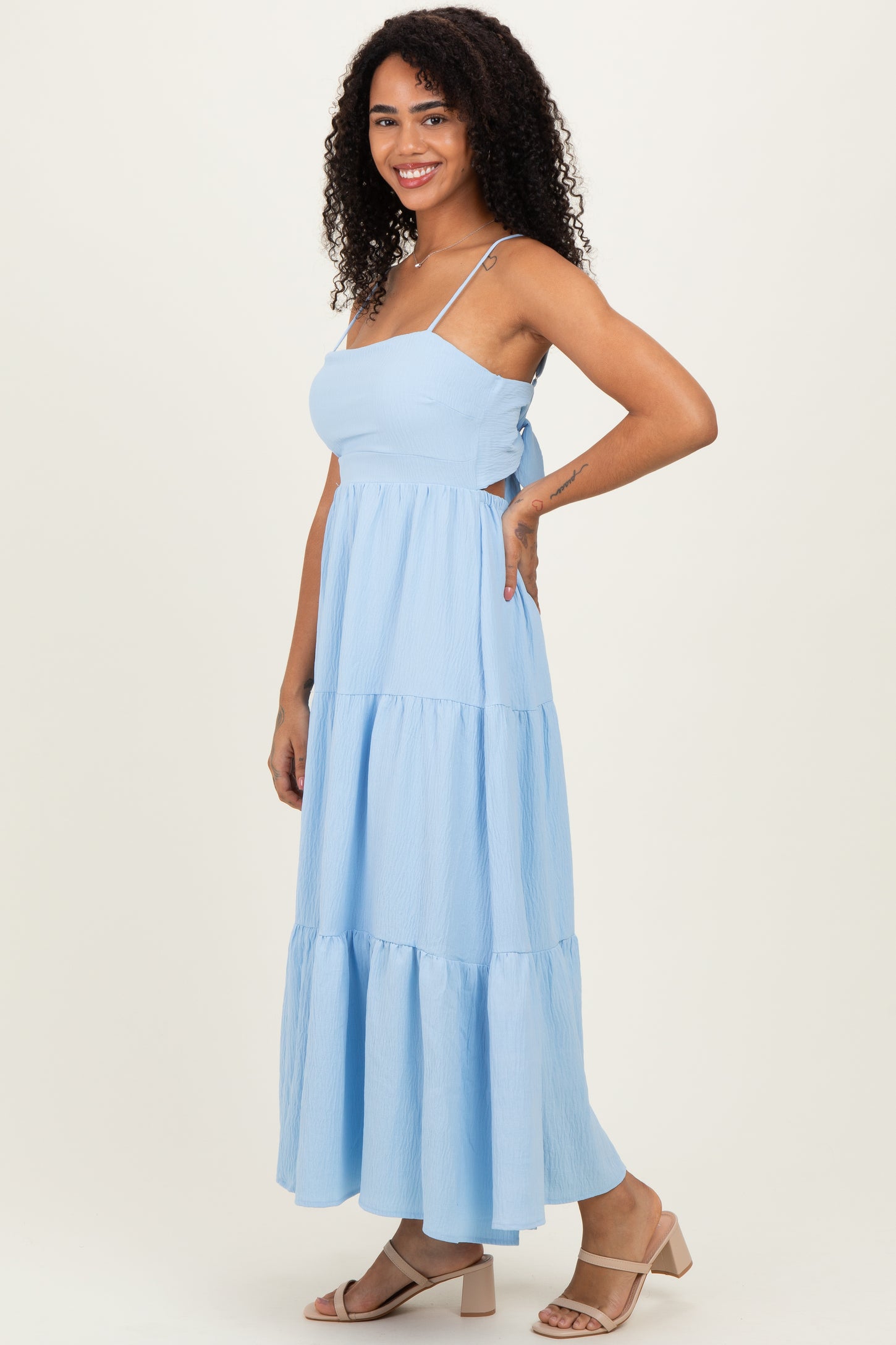 Light Blue Tiered Cutout Tie Back Midi Dress