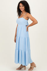 Light Blue Tiered Cutout Tie Back Midi Dress