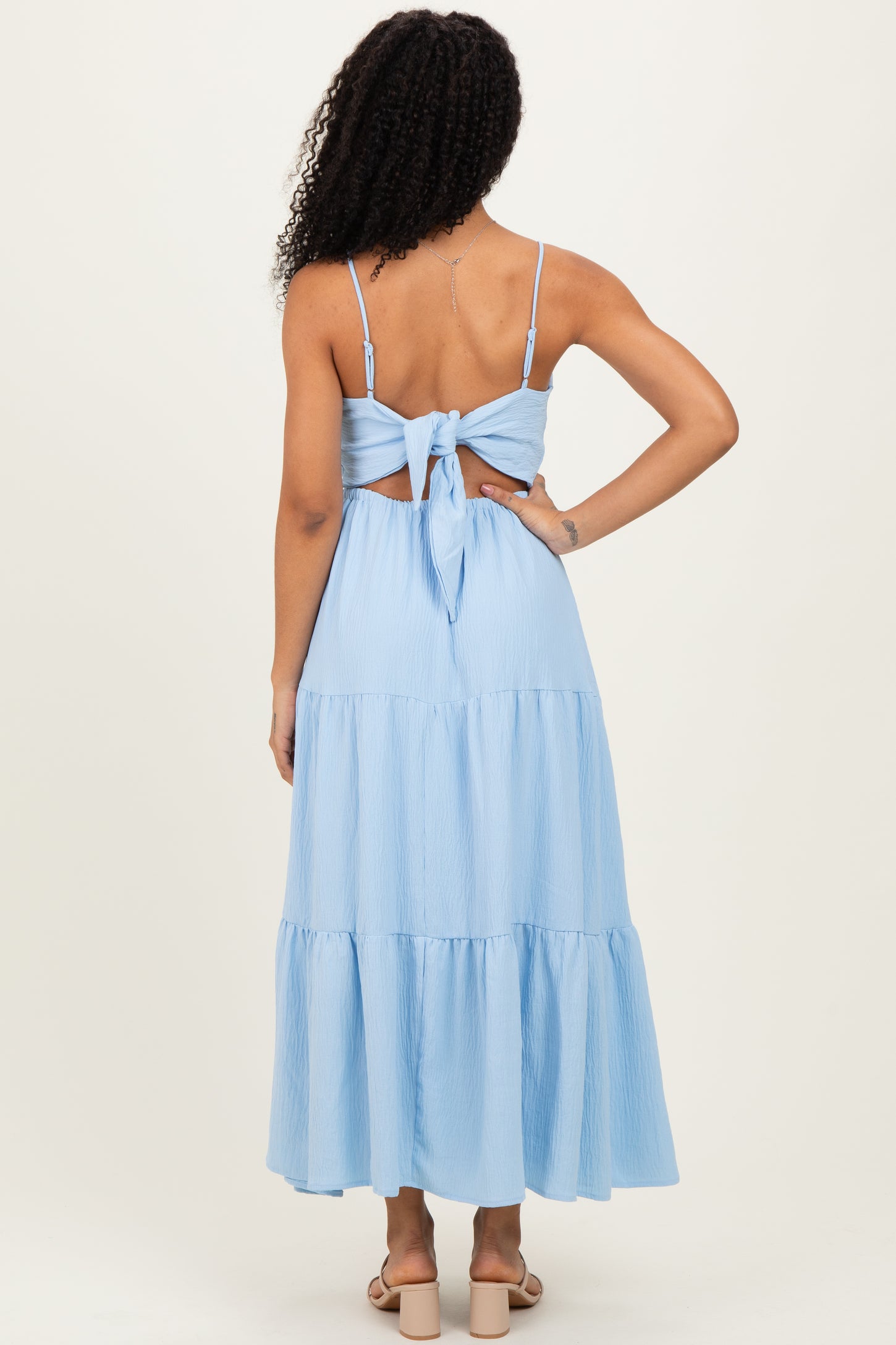 Light Blue Tiered Cutout Tie Back Midi Dress