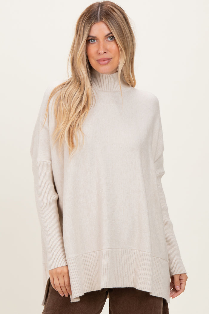 Cream Mock Neck Oversized Sir Slit Maternity Sweater Top