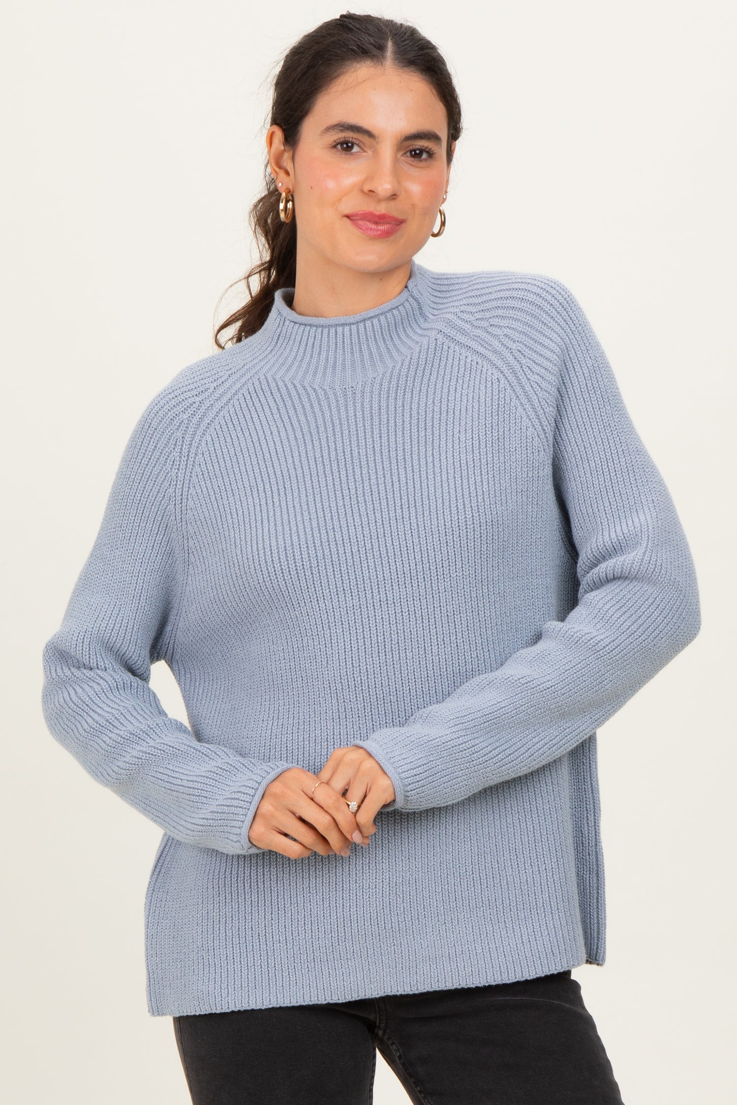 Light Blue Mock Neck Ribbed Knit Basic Sweater Top