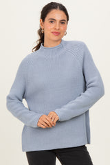 Light Blue Mock Neck Ribbed Knit Basic Sweater Top