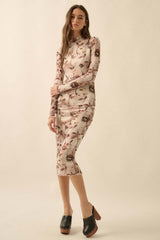 Cream Floral Mesh Long Sleeve Midi Dress