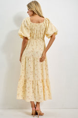 Butter Yellow Floral Tiered Puff Sleeve Midi Dress
