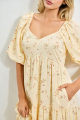 Butter Yellow Floral Tiered Puff Sleeve Midi Dress