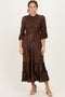 Brown Pleated Satin Smocked Bodice Midi Dress