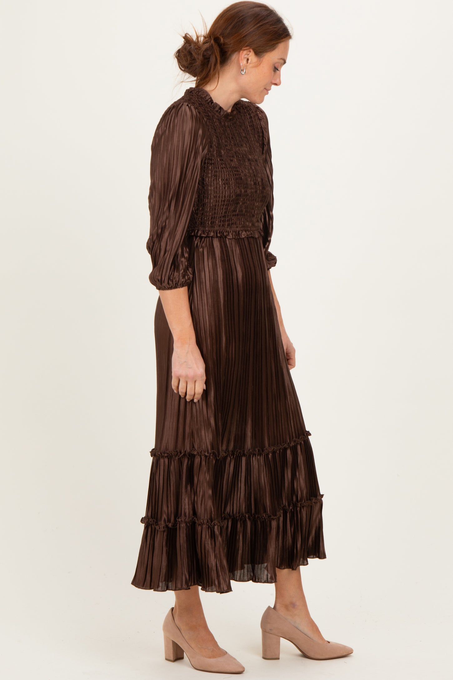 Brown Pleated Satin Smocked Bodice Midi Dress