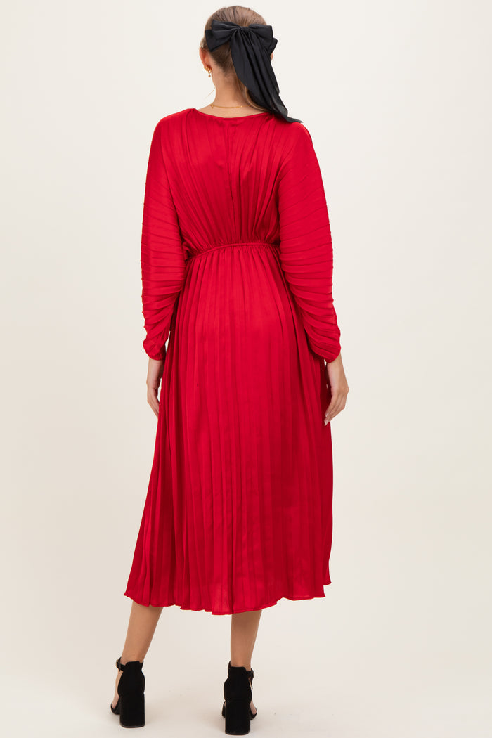 Red Satin Pleated V-Neck Maternity Maxi Dress
