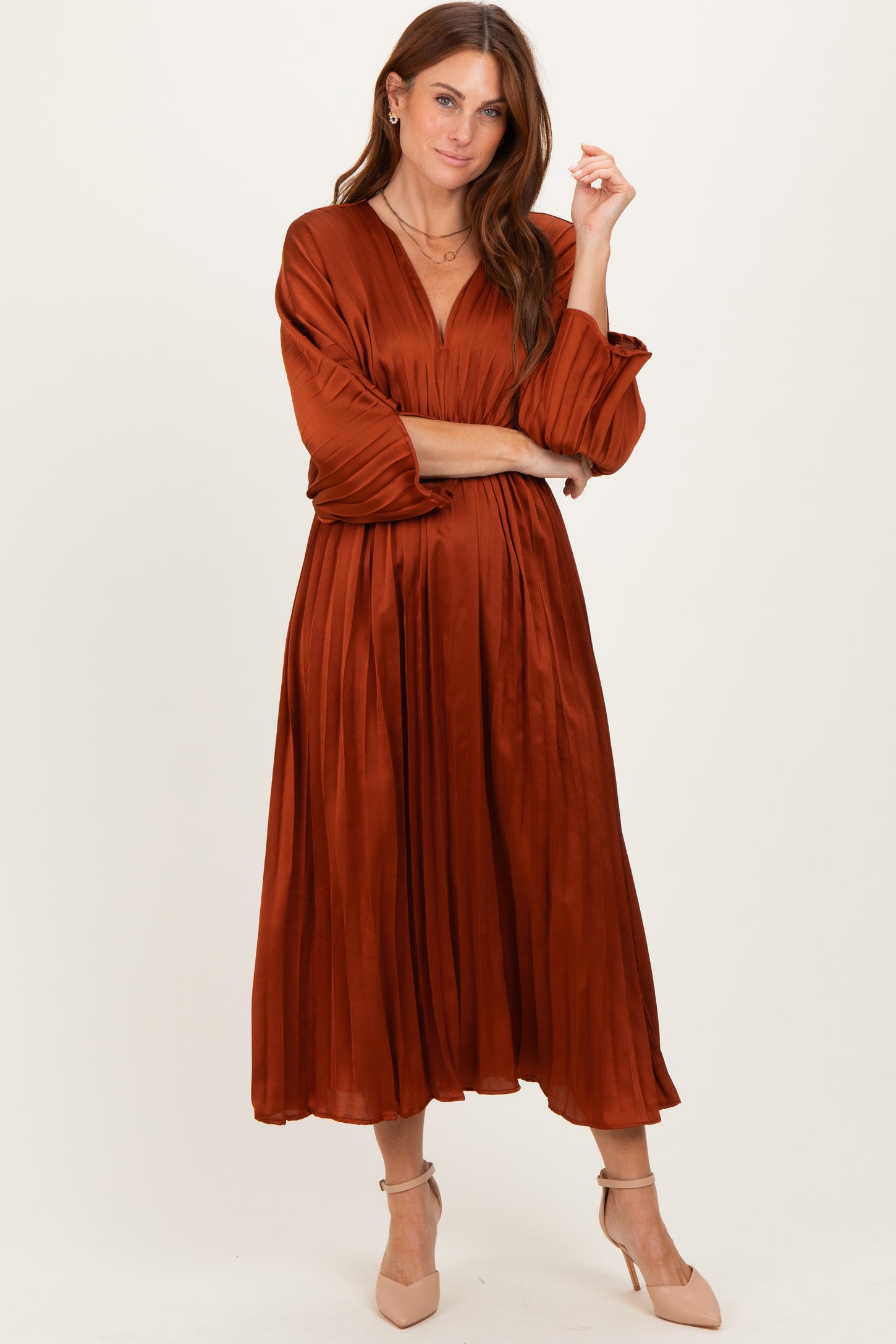 Brown Satin Pleated V-Neck Maternity Maxi Dress