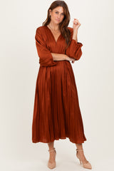 Brown Satin Pleated V-Neck Maternity Maxi Dress