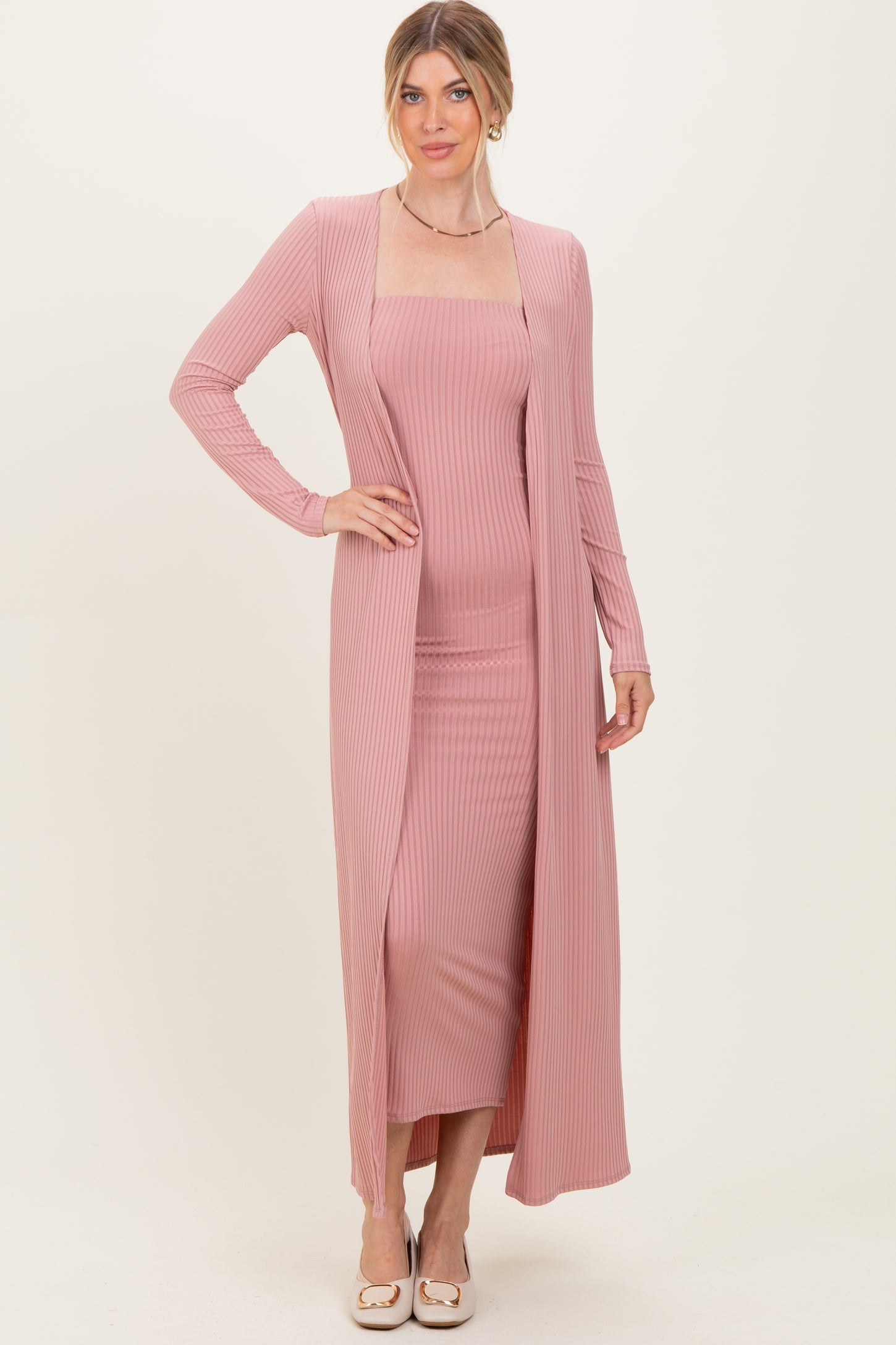 Mauve Ribbed Sleeveless Dress Cardigan Set