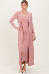 Mauve Ribbed Sleeveless Dress Cardigan Set