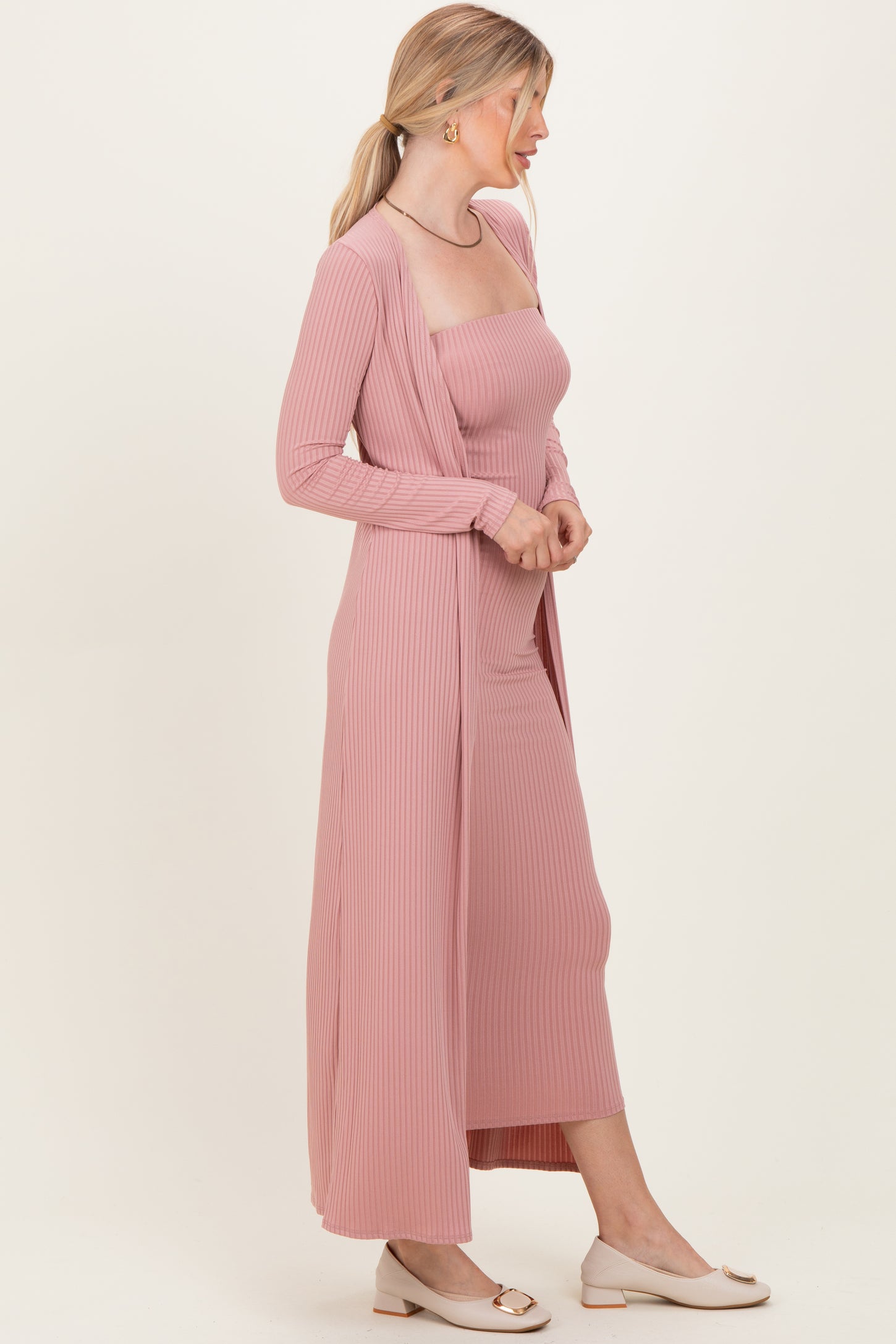 Mauve Ribbed Sleeveless Dress Cardigan Set