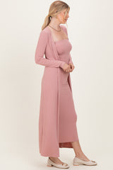 Mauve Ribbed Sleeveless Dress Cardigan Set
