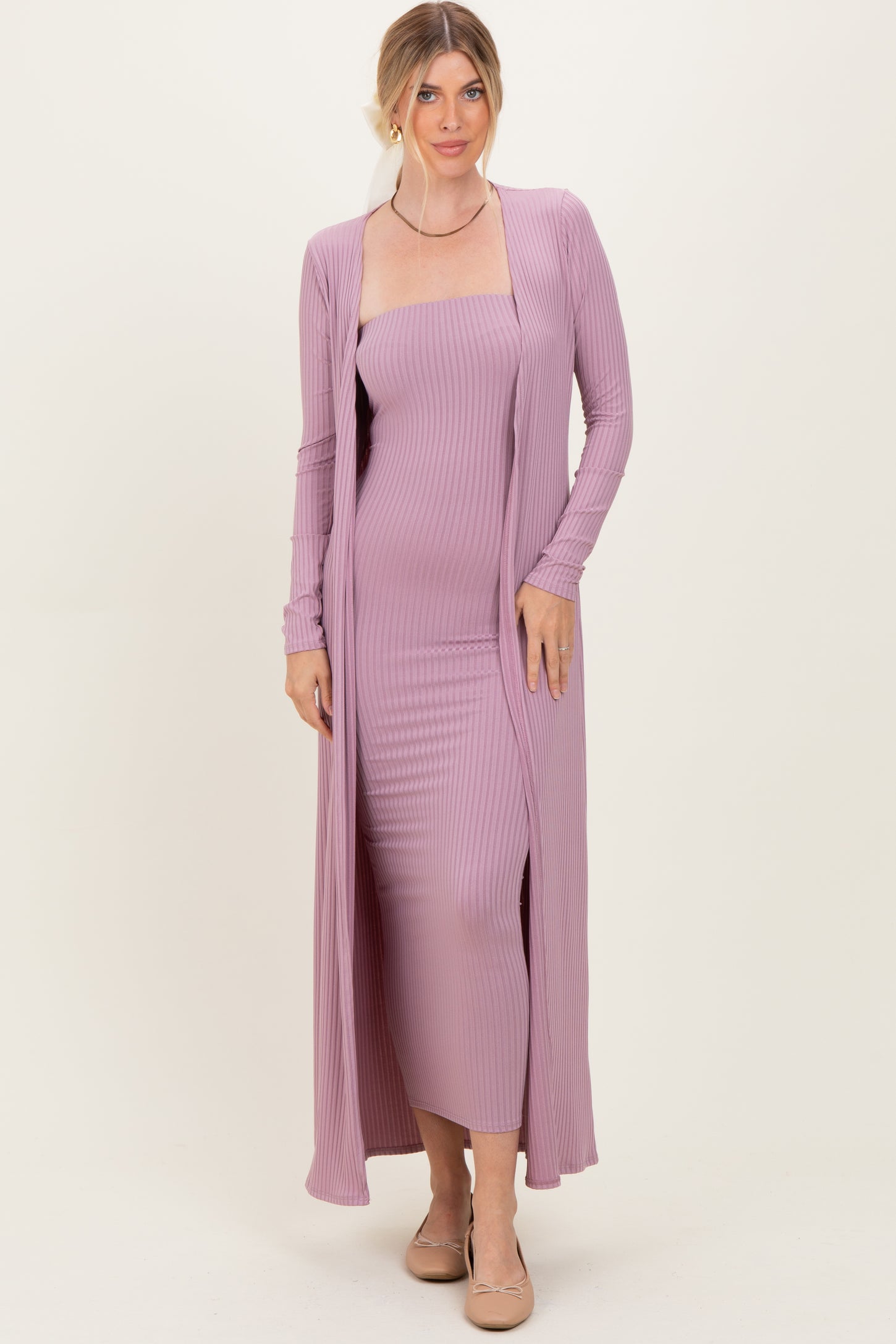 Violet Ribbed Sleeveless Dress Cardigan Maternity Set