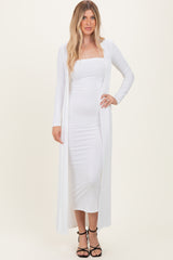 Ivory Ribbed Sleeveless Dress Cardigan Maternity Set