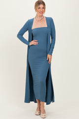 Navy Ribbed Sleeveless Dress Cardigan Set