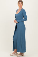 Navy Ribbed Sleeveless Dress Cardigan Set