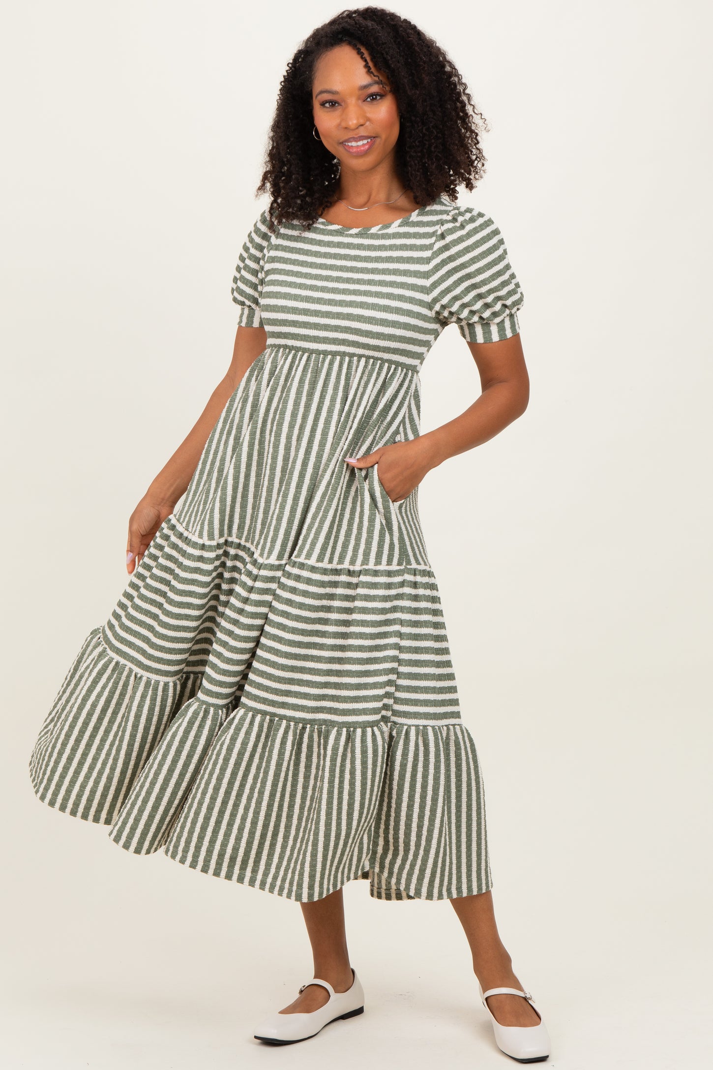 Dusty Olive/ Cream Striped Short Sleeve Tiered Maxi Dress