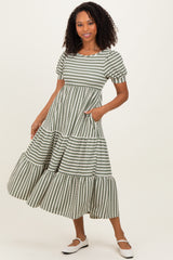 Dusty Olive/ Cream Striped Short Sleeve Tiered Maxi Dress
