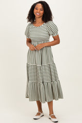 Dusty Olive/ Cream Striped Short Sleeve Tiered Maxi Dress