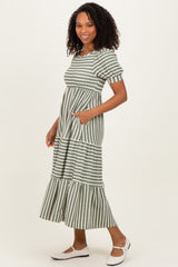 Dusty Olive/ Cream Striped Short Sleeve Tiered Maxi Dress