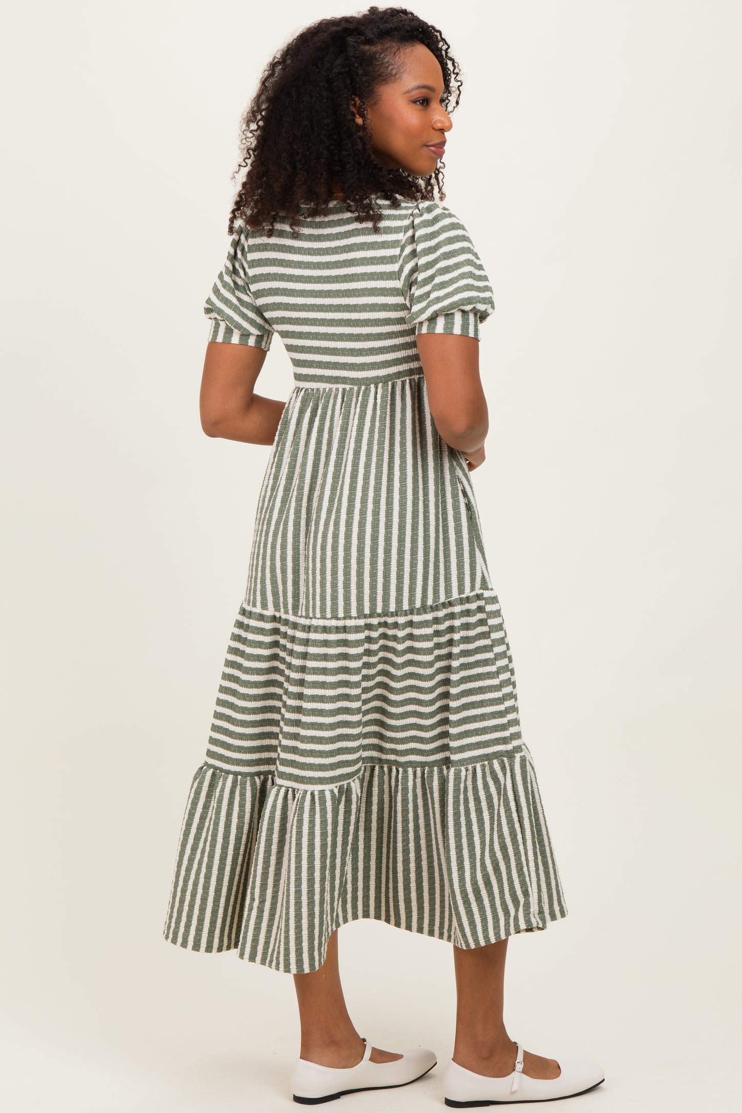 Dusty Olive/ Cream Striped Short Sleeve Tiered Maxi Dress