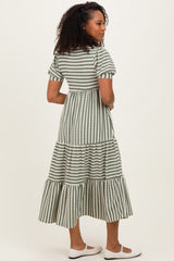 Dusty Olive/ Cream Striped Short Sleeve Tiered Maxi Dress
