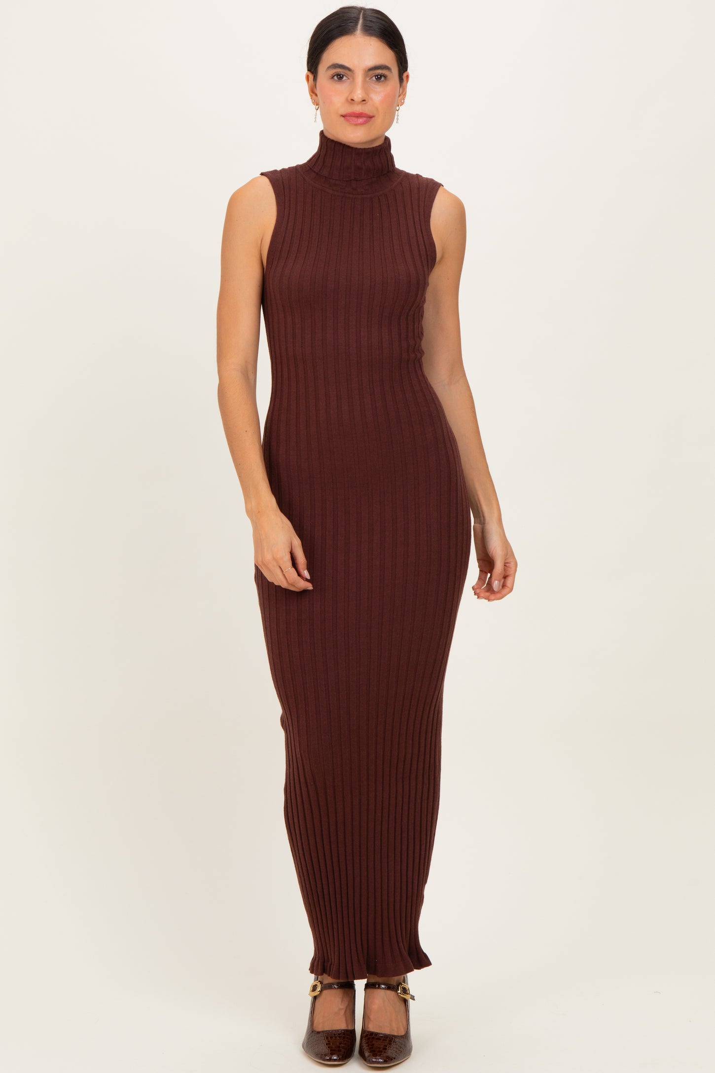 Brown Turtleneck Ribbed Knit Sleeveless Maternity Maxi Dress