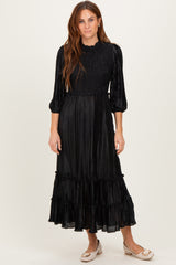 Black Pleated Satin Smocked Bodice Maternity Midi Dress