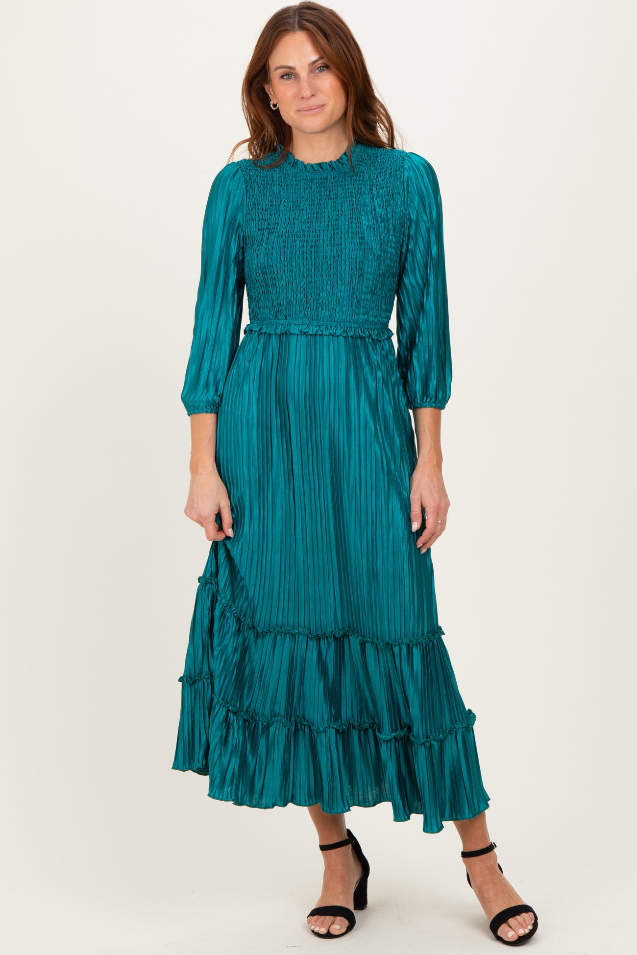 Forest Green Pleated Satin Smocked Bodice Maternity Midi Dress