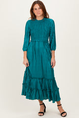 Forest Green Pleated Satin Smocked Bodice Maternity Midi Dress