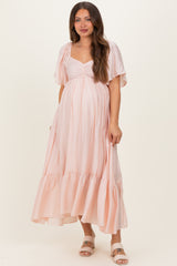 Light Pink Flutter Sleeve Ruffle Hem Maternity Midi Dress