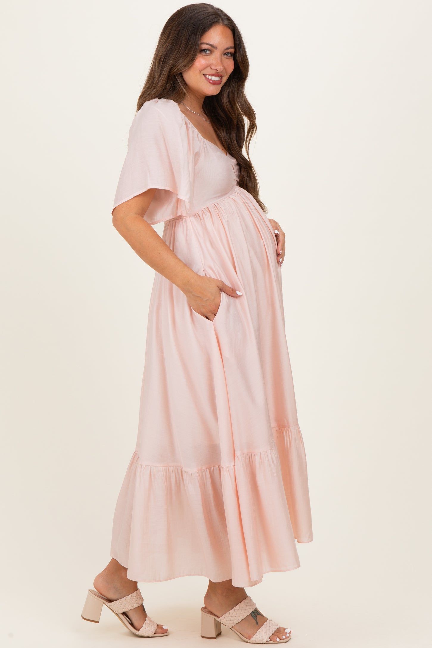 Light Pink Flutter Sleeve Ruffle Hem Maternity Midi Dress
