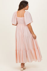 Light Pink Flutter Sleeve Ruffle Hem Maternity Midi Dress
