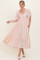 Light Pink Flutter Sleeve Ruffle Hem Maternity Midi Dress
